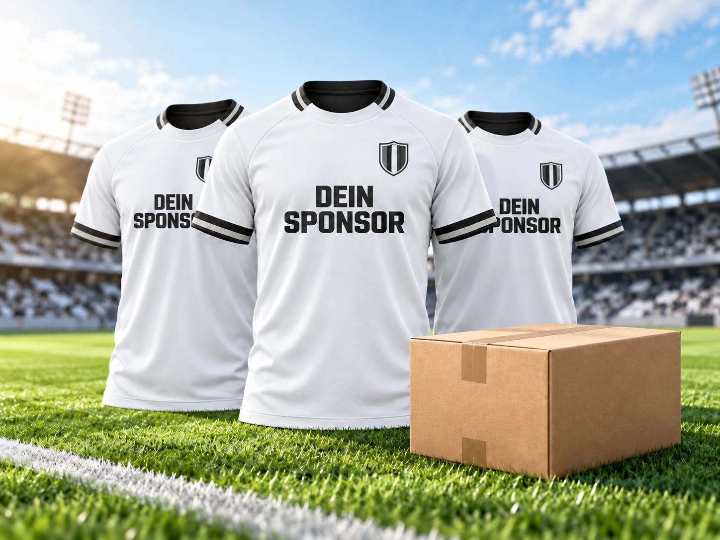 Weiße Fußballtrikots mit Sponsorenaufdruck und Versandkarton im Stadion